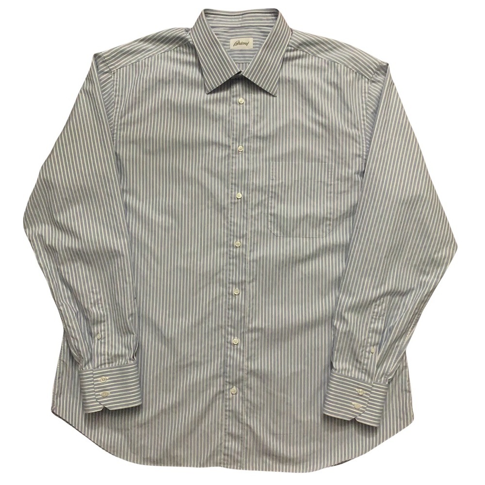 Brioni Long Sleeve Dress Shirt Blue Striped Made in Italy Mens Size L 18 - Picture 1 of 5